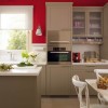 Surprising Modern Kitchen Design with Red and Beige Details: Red Kitchen Decoration With Wall Lamp And Wall Oven Cabinet With Roll Up Window Shades