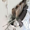Amazing Headboard Designs with Creative Bedroom Ideas: Rustic Wood Headboard And Silver Table Lamps Embellish White Bedroom Design