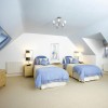 Wonderful Attic Bedrooms Designs With Inspiring Ideas: Shared Attic Bedroom With 2 Drawer Dresser And Blue Curtains For Skylight As Well As 3 Bedside Tables