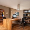 Attractive Home Design Tips for Inviting Interiors: Shared Desk With 2 Black Swivel Chairs For Modern Home Office Design Added With Wooden Flooring And Bookshelves