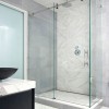 Eye-catching Sliding Shower Doors For Elegant Bathroom: Small Bathroom Interior Design Embellished With Glass Sliding Shower Doors And Marble With Ceiling Shower Head
