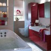 Awesome Decoration Ideas To Design Small Bathrooms: Small Bathroom Solutions With Red Cabinets And Wall Shelves Plus Whirlpool Bathtubs