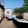 Outstanding Green Roof Ideas Bring Out Interior Space in Montreal: Stupendous Rooftop Deck Design With Wooden Laminate Floors And Floor Lamp With Sofas For Modern Home Design