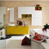 20 Marvelous Contemporary Bathroom Designs: Washbasin Cabinet With 3 Yellow Doors As Well As Modern White Wall Shelves Plus White Bathtub For Fabulous Bathroom Design