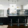 Stylish Kitchen Pendant Lamps Presenting Exclusive Kitchen Area: Adorable Kitchen Design Featuring Some Colorful Pendant Lights And Stunning Kitchen Island With Wine Storage Plus Three Black Bar Stools
