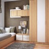 Charming Storage Ideas Adorning Kids’ Bedroom Design: Captivating Earthy Wooden Cupboard Nestled In A Corner Spot With Wall Mounted Shelf And Minimalist Wooden Bed Placed In A Corner Near The Window