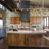Attractive Exposed Stone Adorning Your Home Interior Design: Captivating Gallant Exposed Stone Wall With Rustic Accent And Industrial Look In Kitchen Decorating Ideas With Dark Laminated Wooden Flooring