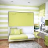 Charming Storage Ideas Adorning Kids’ Bedroom Design: Endearing Modern Bedroom With Striped Backdrop Of White And Subtle Green With A Compact Bed And Storage Above It Completed With A Corner Home Office