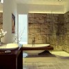 Attractive Exposed Stone Adorning Your Home Interior Design: Enticing Bathroom Decorating Design With Exposed Stone Wall Completed With Sleek Oval White Bathtub And Shower Room With Translucent Glass Wall