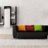 Modern Living Room Designs Releasing Beautiful Interior Decors: Inspiring Interior Design Living Room With Adding Orange Red Green Cushions Above Modern Black Sofa Plus Modern Wall Shelves