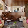 Magnificent Wooden Residence Adjusting Nature Surroundings: Modern Living Room Furniture Sets With Piano And Modern Small Side Table With Brick Wall And Comfy Armchair With Pink Cushions