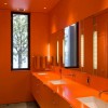 Flashy Orange Details Refreshing Attractive Bathroom Design: Narrow Interior Design Bathroom With Orange Color And Window Black Frames Plus Idyllic Bathroom Vanities