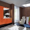Flashy Orange Details Refreshing Attractive Bathroom Design: Orange Bathroom Vanity And Modern White Swivel Chair Embellishing Captivating Bathroom Interior Design Plus White Furry Rugs