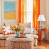 Magnificent Modern Round Coffee Table Designs For Living Room: Round Coffee Table Ottoman With Orange Curtains And Blue Table Lamp For Bright Living Room Design