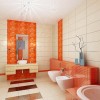 Flashy Orange Details Refreshing Attractive Bathroom Design: Stunning Bathroom Color Schemes With Orange White Themes Combined With Contemporary Bathroom Vanities And Undermount Bathtub With Excellent Lighting