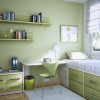 Lovely Interior Decorating Ideas Of Girls’ Bedroom In Attractive Themes: Stunning Girls Bedroom With Soft Tone Backdrop Of Green And White With Open Wall Mounted Shelving And Minimalist Home Office Space