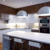 Stylish Kitchen Pendant Lamps Presenting Exclusive Kitchen Area: Two Dome Pendant Light With Three White Bar Stools As Well As Clean White Kitchen Cabinets For Contemporary Kitchen Design