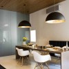 Adorable Dining Space Decorating Ideas Evoking Your Appetite at Mealtime: Enchanting Two Big Pendant Lamps With Semicircle Feature Illuminate The Dining Space With Minimalist Long Wooden Dining Table And Lovely Eames Chairs