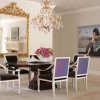 Adorable Dining Space Decorating Ideas Evoking Your Appetite at Mealtime: Mesmerizing Dining Room Decor Illumed By Classic Chandelier And Purple Dining Chairs Completed With An Ample Wall Mirror With Elegant Golden Frame